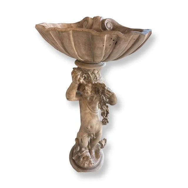 Antique Italian Boy With Grape and Shell Decoration Top Carved Wood Sculpture. For Sale - Image 4 of 8