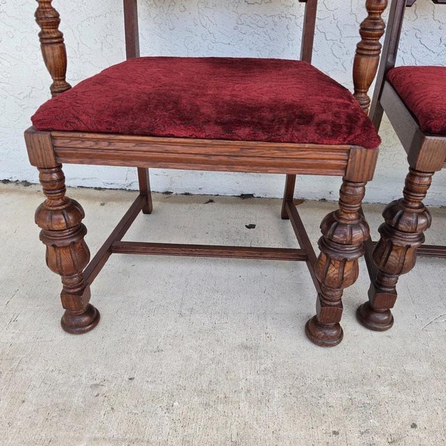Antique English Oak Tudor Jacobean Dining Chairs 1930's Set of 4 For Sale - Image 12 of 18