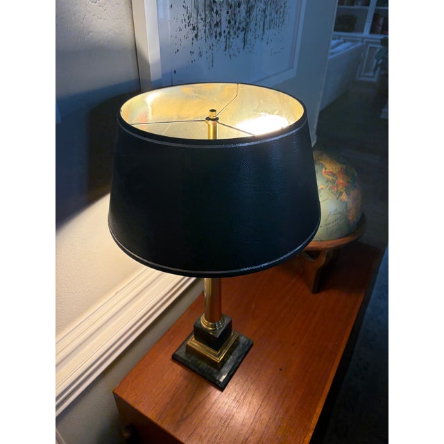 Metal Vintage French Empire-Style Brass Column Table Lamp With Black Stone Base For Sale - Image 7 of 13