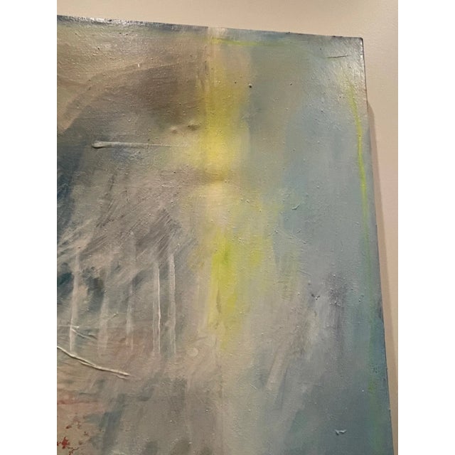 1970s Abstract Light Blue Painting With Mixed Media Red Flower Wallpaper For Sale - Image 5 of 8