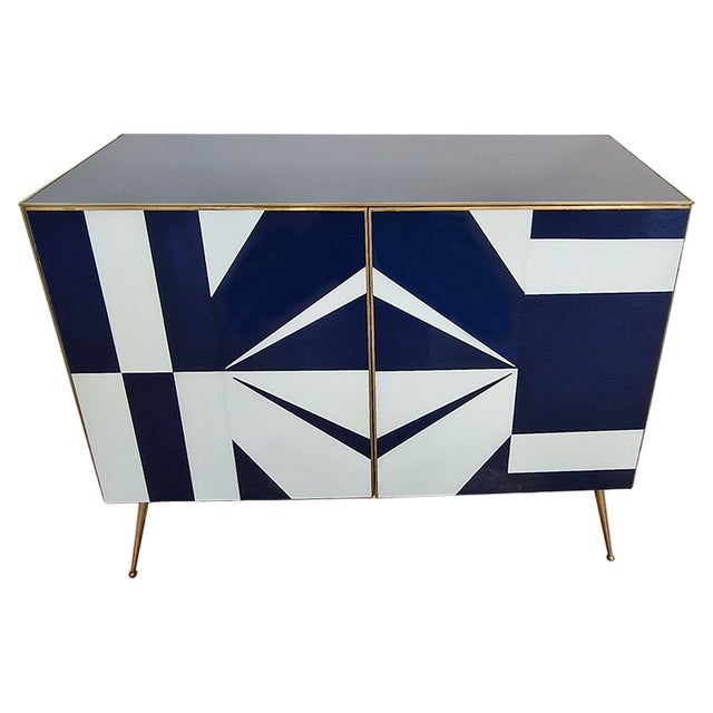 Credenza with Blue and White Glass Doors, 1990s For Sale