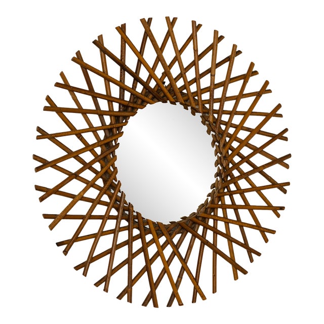 Italian Rattan Sunburst Mirror, Mid 20th Century For Sale