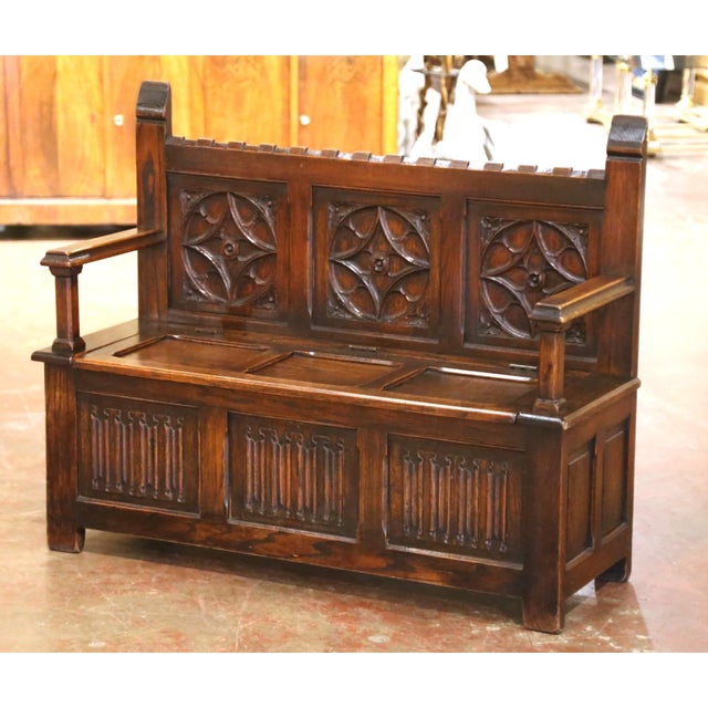 Early 20th Century Early 20th Century French Gothic Revival Carved Oak Hall Bench With Storage For Sale - Image 5 of 9