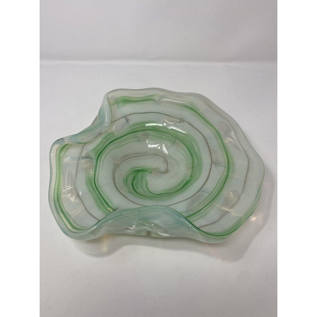 Lovely vintage Murano Glass Candy Dish with green opalescent coloring. Measures 10.5" x 10.5".