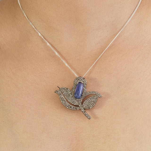 Art Deco 2.5 Ct Tanzanite & Diamond Tulip Convertible Brooch Pendant in 925 Sterling Silver For Sale - Image 3 of 16