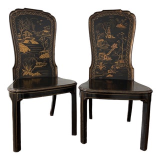 Late 19th Century Cowtan & Sons London Chinoiserie Painted Black and Gilt Japanned Lacquered Armless Hall Chairs, a Pair For Sale