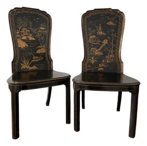 Late 19th Century Cowtan & Sons London Chinoiserie Painted Black and Gilt Japanned Lacquered Armless Hall Chairs, a Pair