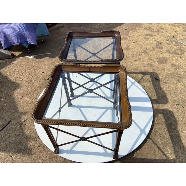 Vintage Attributed to Matiland Smith Nail Head Leather and Glass End Side Tables À Pair For Sale - Image 15 of 18