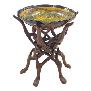 Large Ceramic Vide Poche on Tripod Base in Wood with Sculpted Birds, France, 1960s For Sale