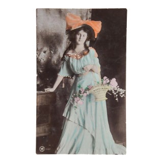 Antique Tinted Print Woman & Flower Basket Postcard For Sale