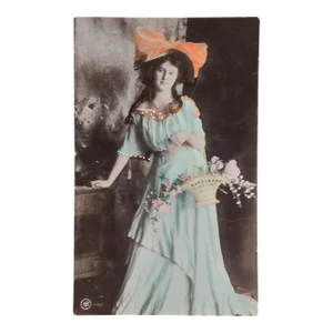 Antique Tinted Print Woman & Flower Basket Postcard