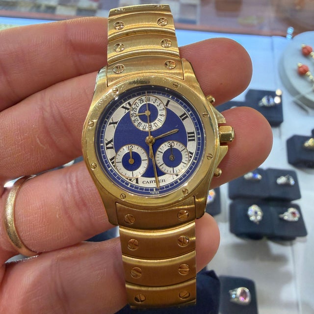 Vintage Cartier Ronde Blue Chronograph 18k Gold 30mm Watch For Sale - Image 11 of 11