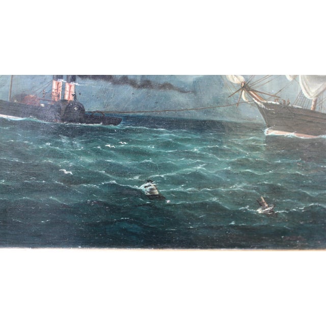 American Sailing Vessel Off Gibraltar, Early 20th Century, Oil Painting on Canvas, Framed For Sale - Image 4 of 11