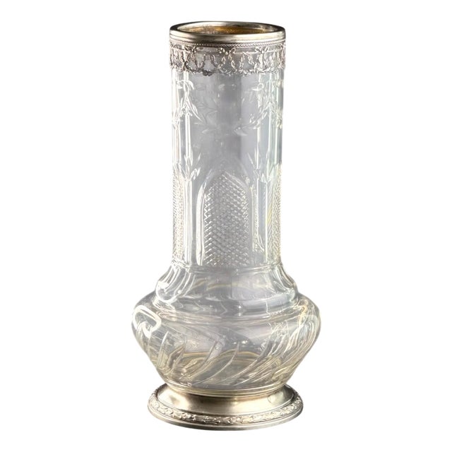 French Hand-Blown Crystal Vase with Silver Mounts and Minerva Mark, 1890s For Sale