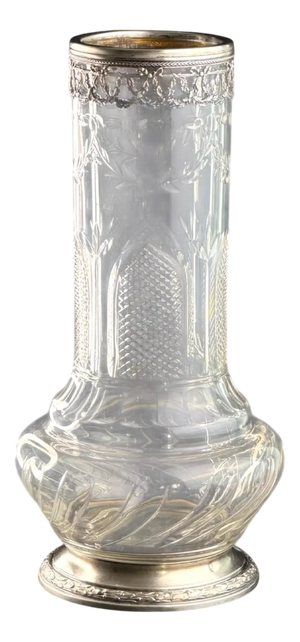 French Hand-Blown Crystal Vase with Silver Mounts and Minerva Mark, 1890s
