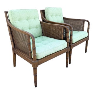 Vintage Hollywood Regency Faux Bamboo and Cane Green Tufted Lounge Chairs For Sale