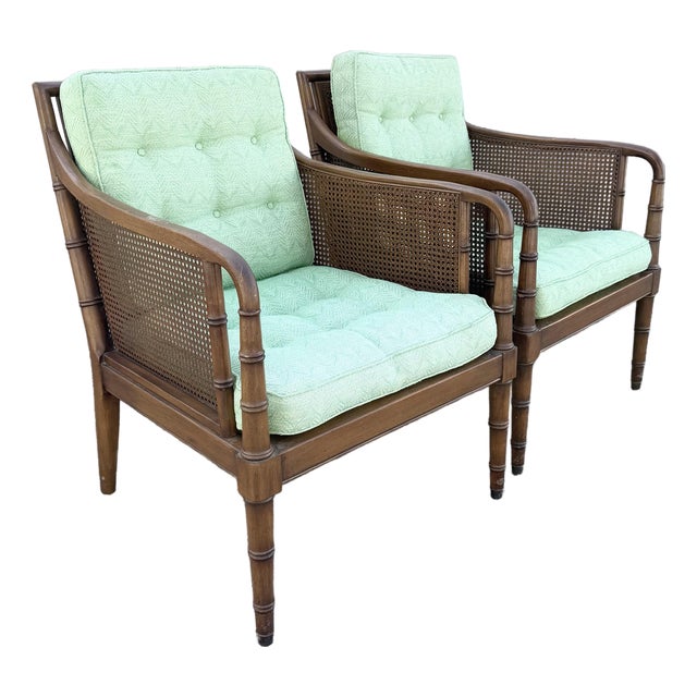 Vintage Hollywood Regency Faux Bamboo and Cane Green Tufted Lounge Chairs For Sale