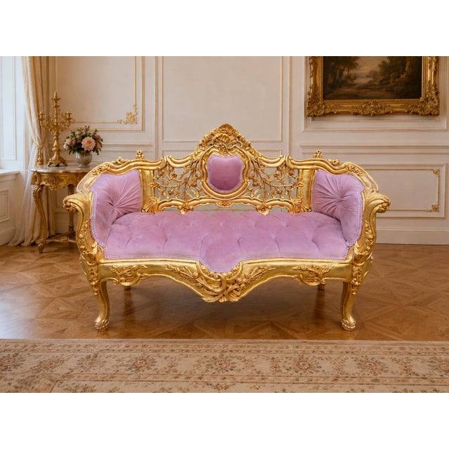 Late 20c Artisan Louis XVI Gold Rose Beech Settee For Sale - Image 9 of 9