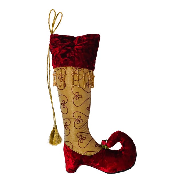 Vintage Burgundy Red Velvet Christmas Boot For Sale