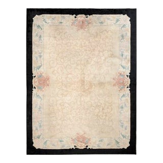 1920s Beige Geometric Antique Chinese Art Deco Carpet 9'2" X 11'9" Knotted Wool Rug For Sale