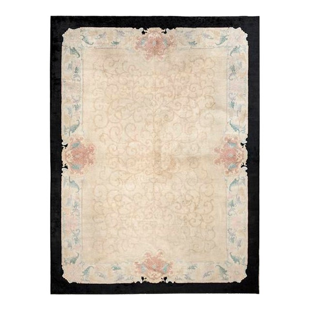 1920s Beige Geometric Antique Chinese Art Deco Carpet 9'2" X 11'9" Knotted Wool Rug For Sale