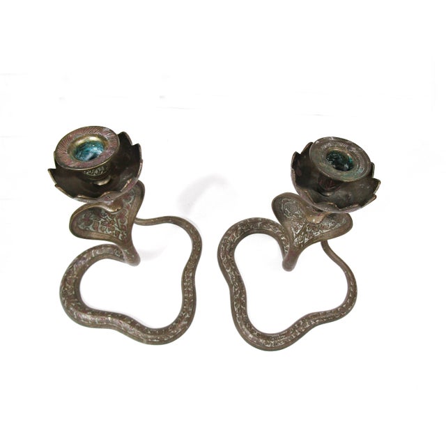 Pair of Vintage Hand-Engraved Brass Cobra Snake Candleholders For Sale - Image 14 of 16