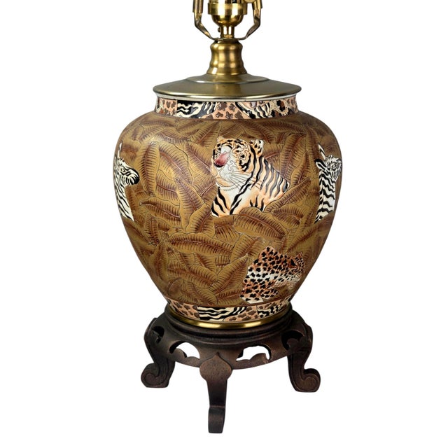 Vintage Oriental Accent Jungle Ginger Jar Table Lamps, Tiger Zebra Leopard — A Pair For Sale In Chicago - Image 6 of 12