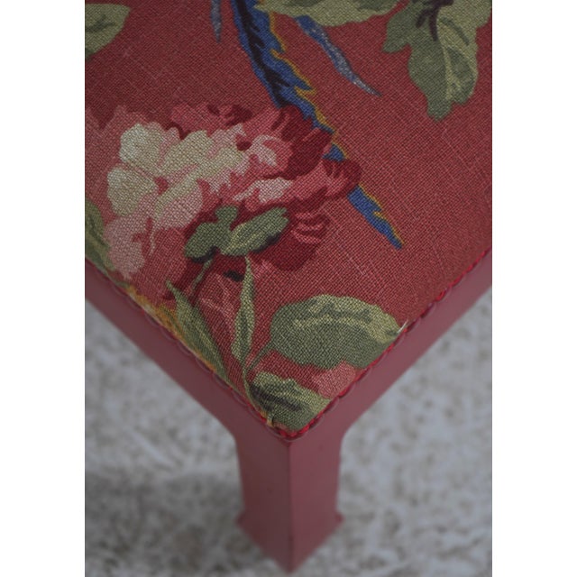 Pair of Chinese Style Red Bird & Flower Ottoman or Stools - New Upholstery For Sale In Philadelphia - Image 6 of 12