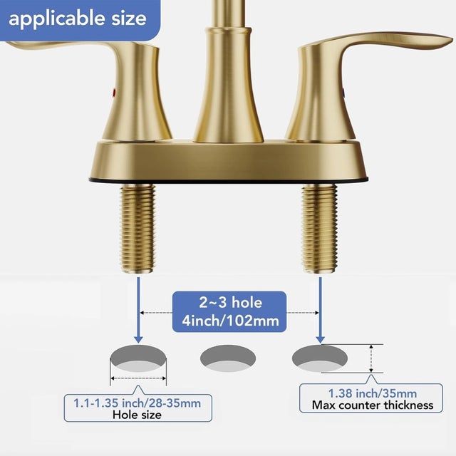 Brushed Gold Bathroom Sink Faucet 3 Holes 4in Centerset Vanity Mixer With Drain For Sale - Image 6 of 11