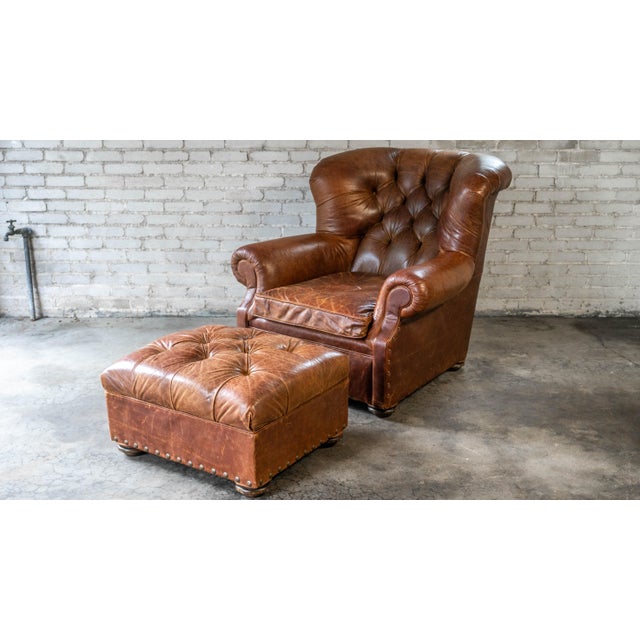 Mitchell Gold Restoration Hardware Churchill Cigar Leather Luxe Writer's Chair and Ottoman For Sale - Image 4 of 13