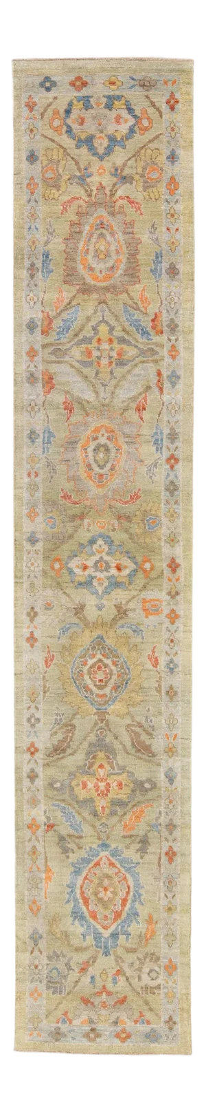 Green Modern Sultanabad Handmade Floral Long Wool Runner