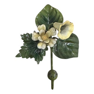 Vintage Italian Yellow Tole Morning Glory Flower Hook Rack / Toleware Floral Wall / Coat / Robe Hook For Sale