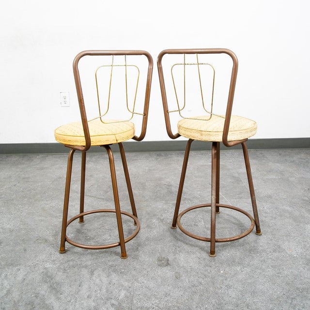 Metal Mid Century Modern Bar Stools Set 2 Brown Swivel Wood American Vintage Tan MCM For Sale - Image 7 of 12