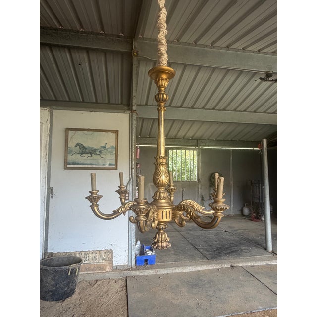 Mid 20th Century Neoclassical Six Light Gilt Wood Chandelier For Sale - Image 9 of 9