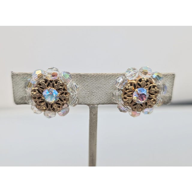 Vintage 1960s Signed Napier Goldtone Filigree Aurora Borealis Clip Earrings- 2 Pieces For Sale In Philadelphia - Image 6 of 7