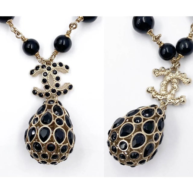 Contemporary Chanel Brand New Gold CC Black Stone Crystal Tear Drop Pendant Necklace For Sale - Image 3 of 4