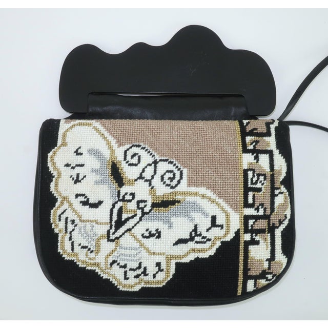 Textile Moon Bags by Patricia Smith Needlepoint Leather & Hand Painted Lacquer Wood Handbag For Sale - Image 7 of 15