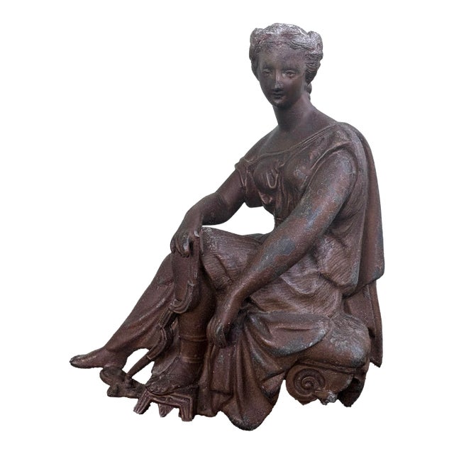 Antique Neoclassical Seated Woman Spelter Sculpture With Aged Patina For Sale