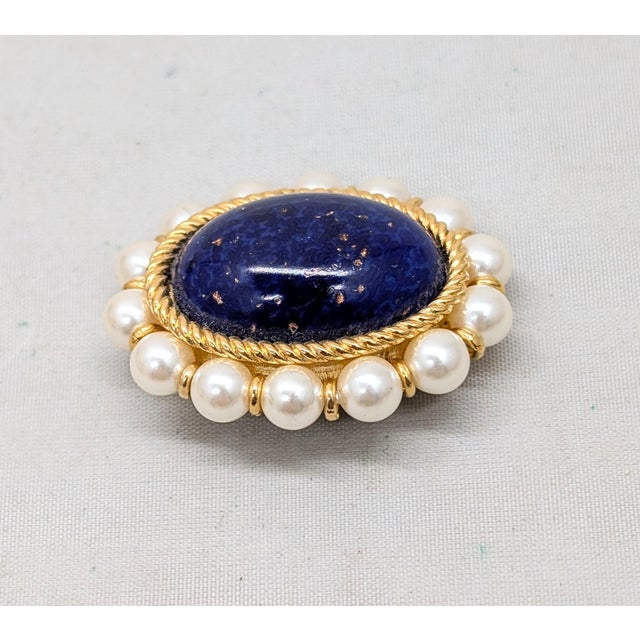 Napier Vintage 1991 Napier Book Piece Cabochon Faux-Lapis and Faux-Pearl Brooch For Sale - Image 4 of 6
