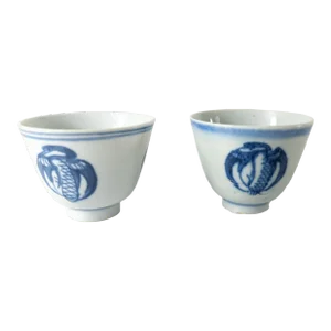19th Century Chinese Blue and White Cups With Crane Motif