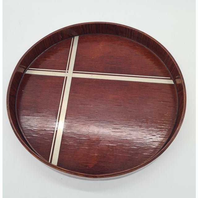 Wood Art Deco Round Dark Veneer Tray with Metal Decoration, 1930s For Sale - Image 7 of 9