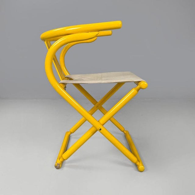 Italian Postmodern Folding Tub Chair in Yellow Wood and Beige Fabric, 1980s For Sale - Image 3 of 18