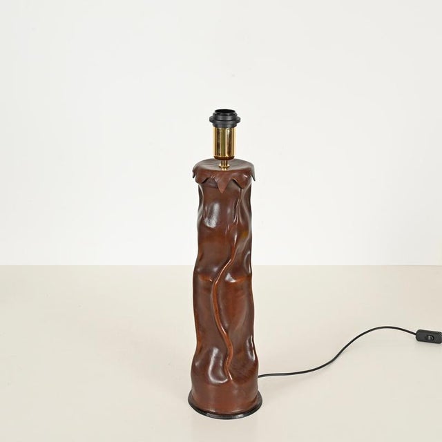 Large Italian Sculptural Table Lamp in Curved Leather and Parchment, 1970s For Sale - Image 9 of 15