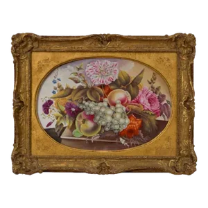 Early 19th Century English Regency Porcelain Hand-Painted Fruit & Flowers Wall Plaque in Gilt Wood Frame
