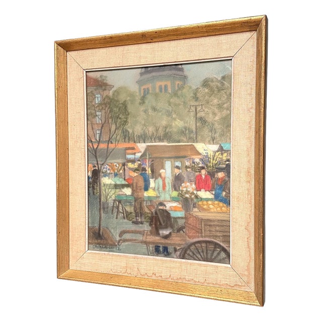 Gösta Larsson, Market Scene, 1950s, Oil on Panel, Framed For Sale