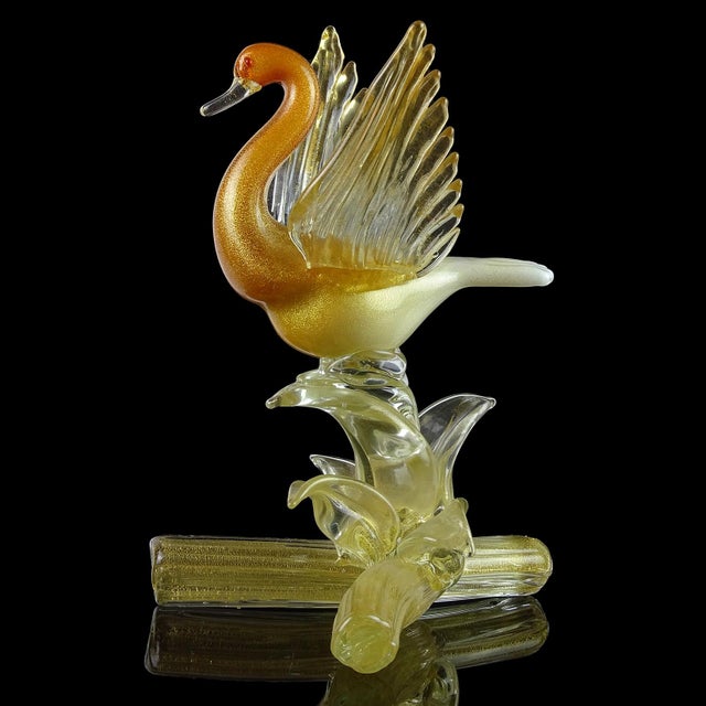 Beautiful and large, vintage Murano hand blown rich orange over white, and gold flecks Italian art glass bird sculpture....