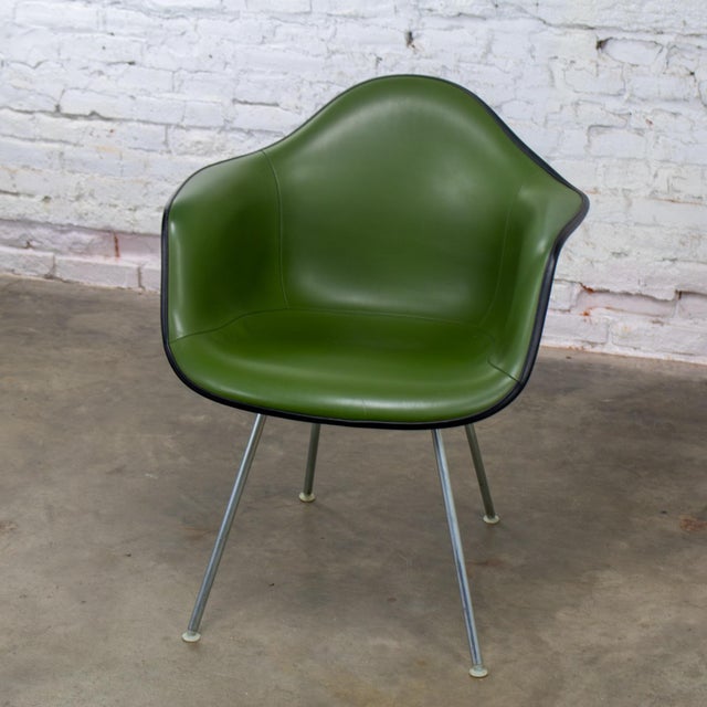 Green 1971 MCM Eames Herman Miller Molded Fiberglass Shell Armchair Upholstered Green Naugahyde Galvanized H Base For Sale - Image 8 of 18