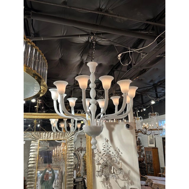 Large scale modern Italian Murano white glass 12-arm chandelier. Circa 2000. The chandelier has been professionally re-...
