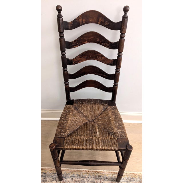 Early 20th Century Antique Heywood Wakefield Ladder Back Chair Original Finish Rush Seat For Sale - Image 5 of 7