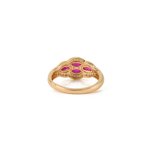 Metal Vintage Inspired Cluster Ruby Diamond Cocktail Ring Size 6.5 in 14k Yellow Gold For Sale - Image 7 of 16